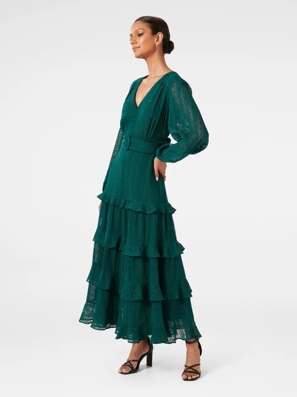 EverNew Floral Embroidered Puff Sleeve Layered Lace Fit Flare Maxi Dress- Size 4 - Picture 3 of 4